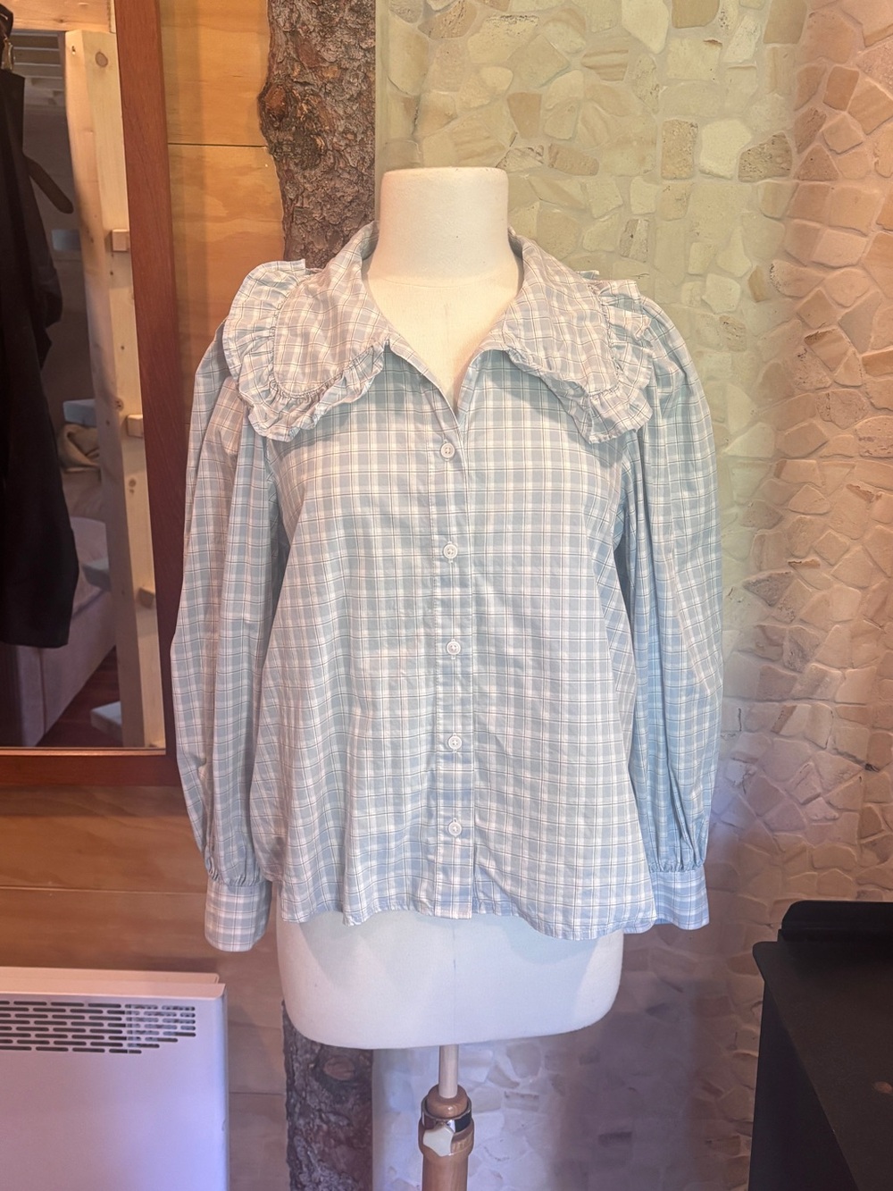 Light Blue Plaid Ruffled Collar Button-Up Blouse 100% Cotton